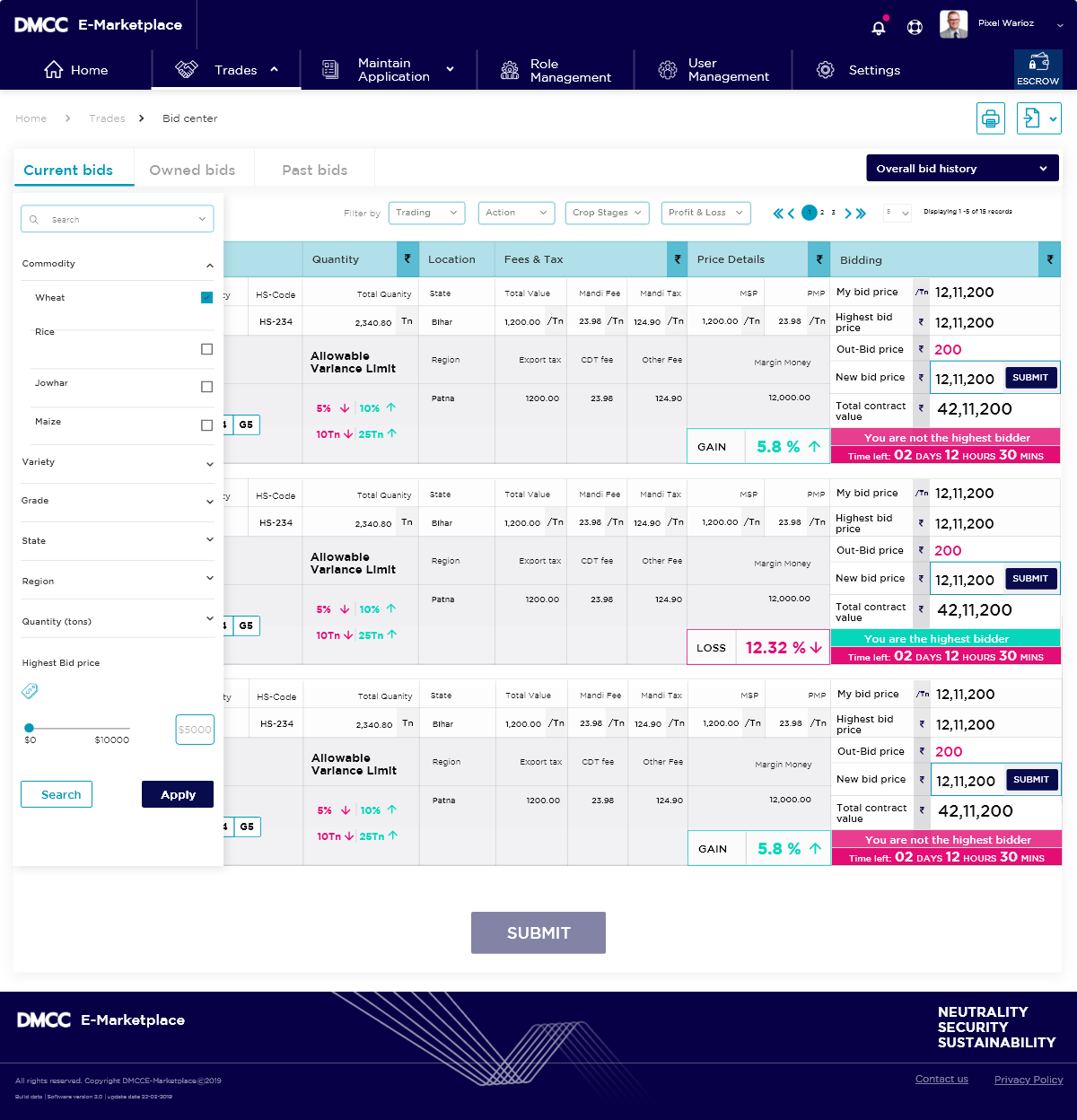DMCC trader dashboard with positions and risk panel